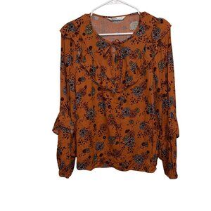 Sonoma Womens Floral Ruffle Blouse M Rust Multi-Color Long Sleeve 100% Rayon